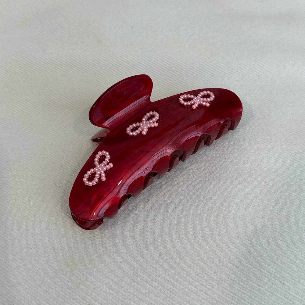 Red Hair Claw Clip with pink bow accents